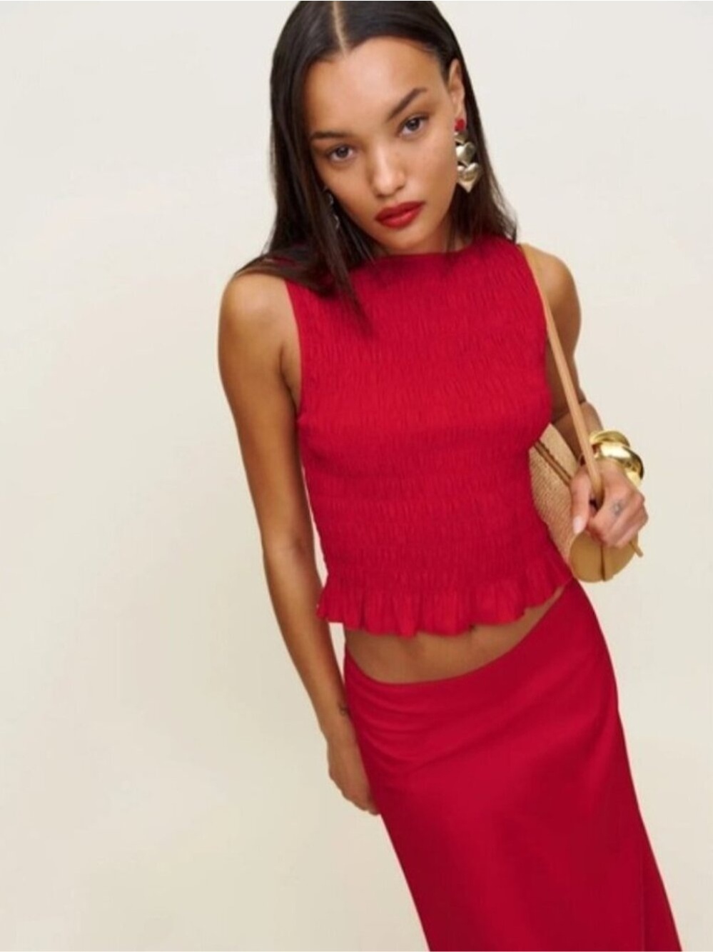 NEW Reformation Laguna Two Piece Matching Midi Skirt Set Lipstick Red US 2 UK 4 - Picture 3 of 14
